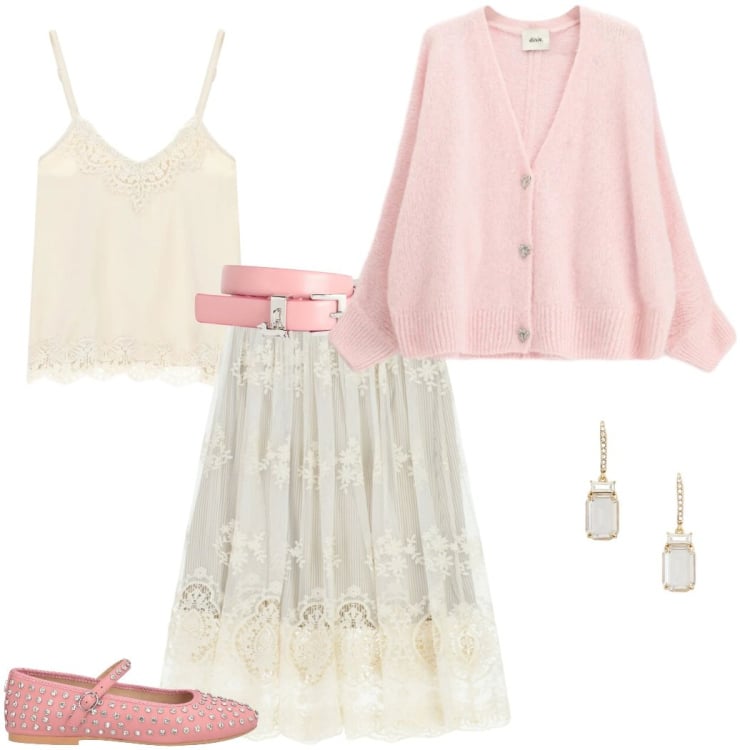 Outfit donna - Bantoa SS 26. Stile Romantica per Serata fuori. Abbinamento con ballerine, cinture, cardigans, gonne longuette, top, orecchini.