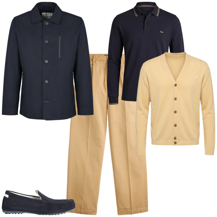 Outfit uomo - Trendy ufficio tempo libero. Stile Trendy per Tutti i giorni. Abbinamento con scarpe stringate, cardigans, polo, piumini, pantaloni.
