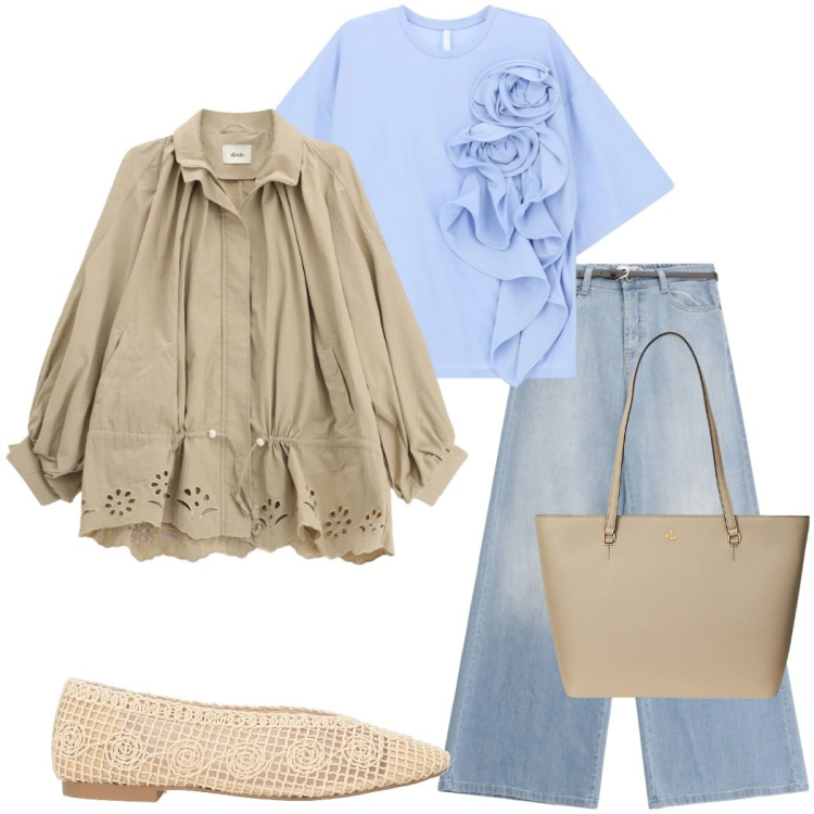 Outfit donna - Bantoa SS 26. Stile Casual chic per Tutti i giorni. Abbinamento con ballerine, t-shirt, parka, jeans, borse tote.