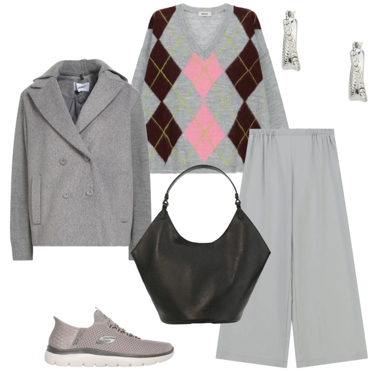 Outfit donna - Total look #2354687. Stile Casual chic per Tutti i giorni. Abbinamento con caban, pantaloni a palazzo, borse a spalla, maglieria, orecchini, sneakers.