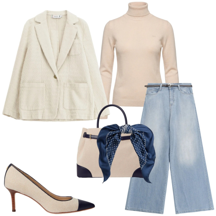 Outfit donna - Total look #2354693. Stile Casual chic per Ufficio. Abbinamento con maglieria, blazer, jeans, décolleté, borse a mano, foulard.