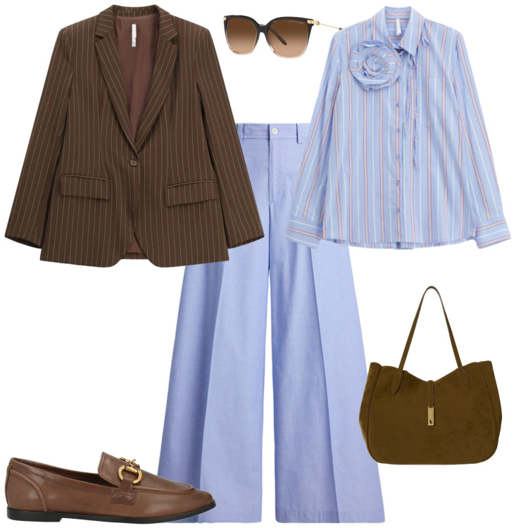 Outfit donna - Trendy ufficio tempo libero. Stile Trendy per Tutti i giorni. Abbinamento con mocassini, blazer, camicie, occhiali da sole, borse tote, pantaloni.