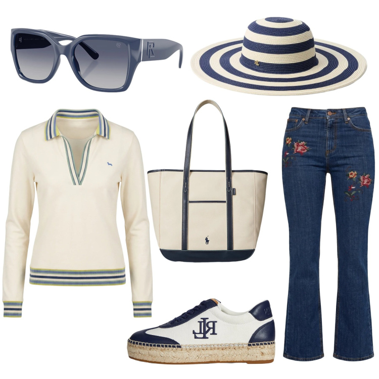 Outfit donna - Total look #2354702. Stile Casual chic per Mare. Abbinamento con jeans, polo, occhiali da sole, borse tote, sneakers, cappelli.