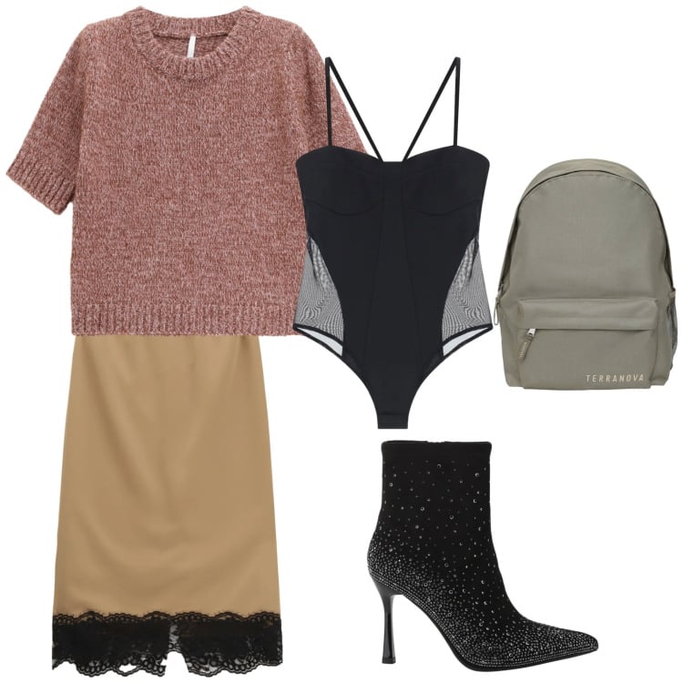 Outfit donna - Una sera in coppia. Stile Glamour per Serata fuori. Abbinamento con zaini, maglieria, body, stivaletti, gonne longuette.