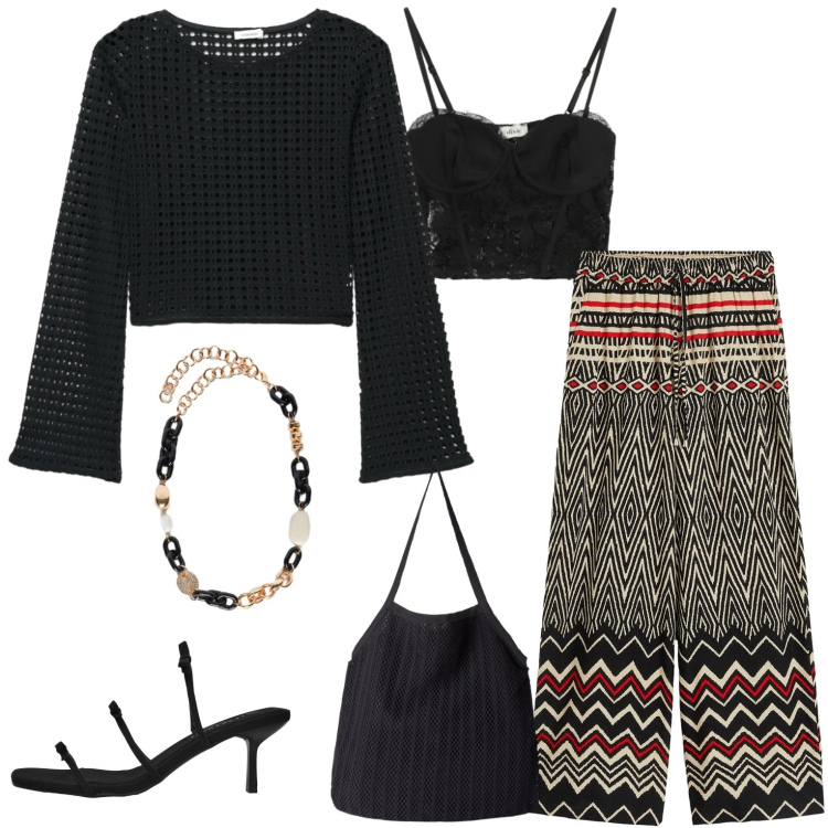 Outfit donna - Serata estiva. Stile Casual per Serata fuori. Abbinamento con pantaloni, shopping bag, maglieria, sandali col tacco, collane, top.