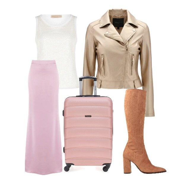 Outfit donna - Vado a Torino. Stile Glamour per Tutti i giorni. Abbinamento con stivali, canottiere, giacche, gonne lunghe, valigie.