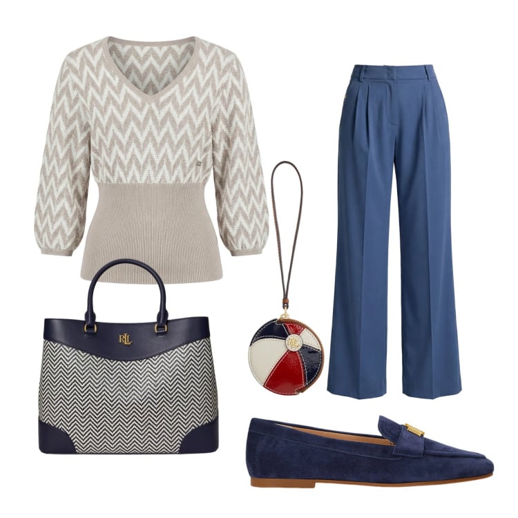 Outfit donna - Total look #2354713. Stile Chic per Ufficio. Abbinamento con pantaloni, maglieria, borse a mano, mocassini, portachiavi.