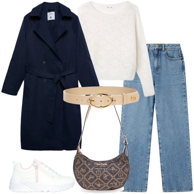 Outfit donna - Un trench a marzo. Stile Urban per Tutti i giorni. Abbinamento con jeans dritti, trench, maglieria, cinture, sneakers alte, borse a tracolla.
