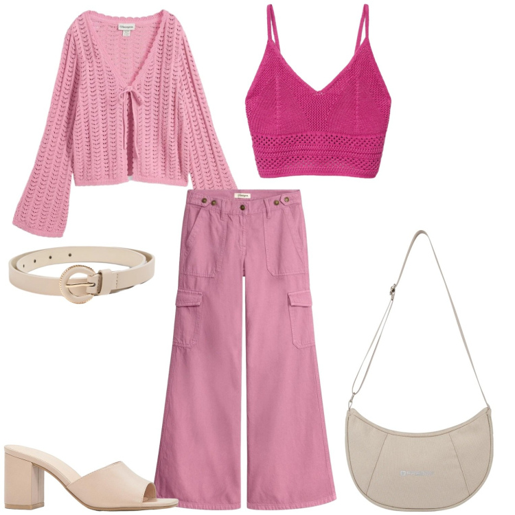 Outfit donna - Pink lady. Stile Casual per Tutti i giorni. Abbinamento con pantaloni cargo, sandali col tacco, cardigans, top, cinture, borse a spalla.