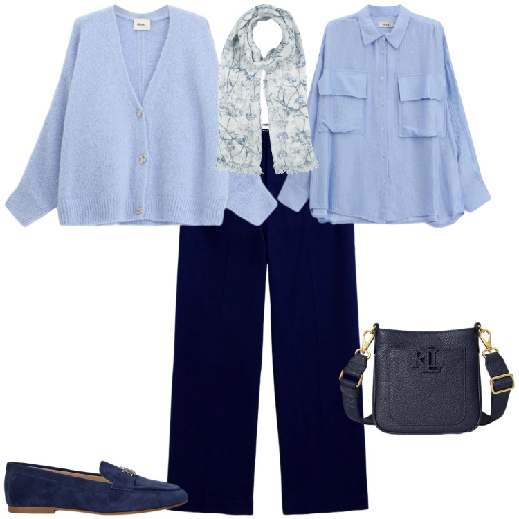 Outfit donna - Casual chic ufficio tempo libero. Stile Casual chic per Tutti i giorni. Abbinamento con sciarpe, camicie, cardigans, pantaloni chino, mocassini, borse a tracolla.