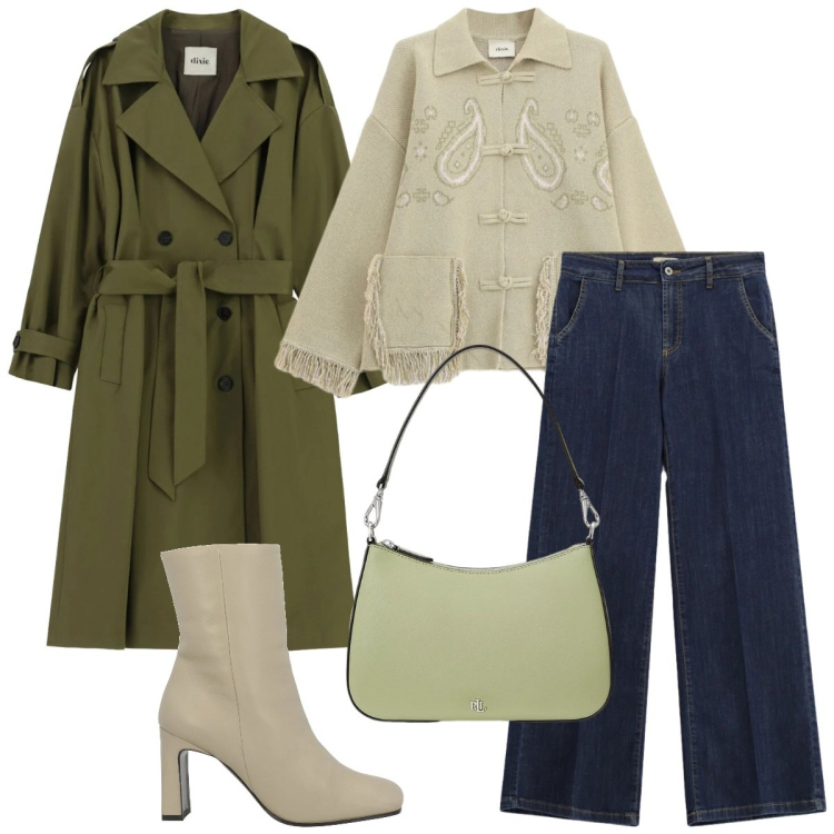 Outfit donna - Total look #2354718. Stile Chic per Tutti i giorni. Abbinamento con stivaletti, trench, cardigans, jeans, borse a spalla.