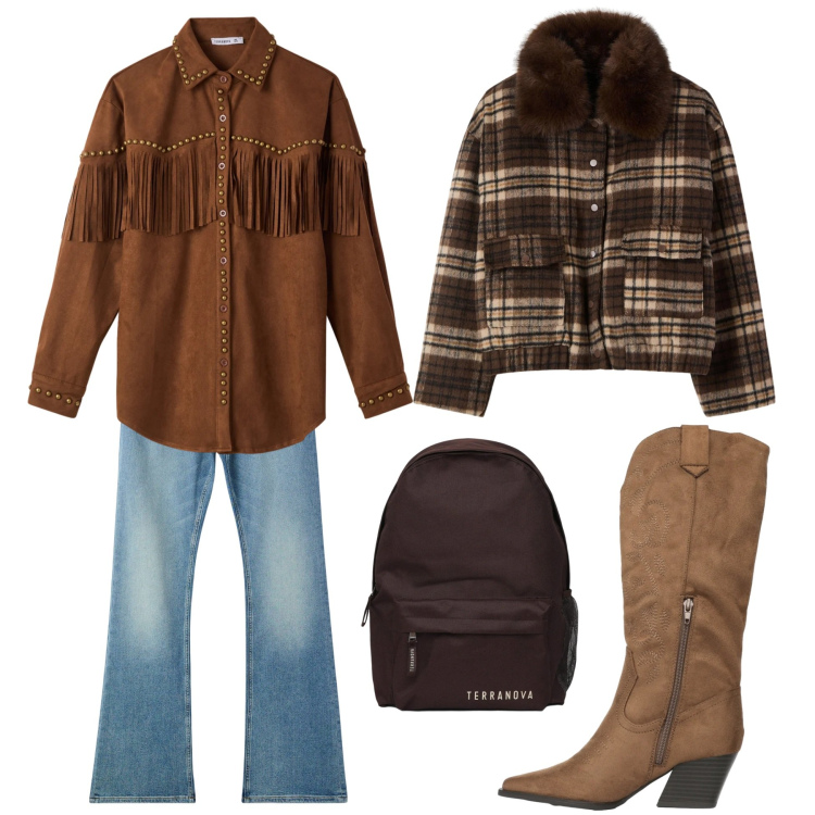 Outfit donna - Calamity Jane di città. Stile Urban per Tutti i giorni. Abbinamento con blazer, stivali, jeans a zampa, zaini, camicie.