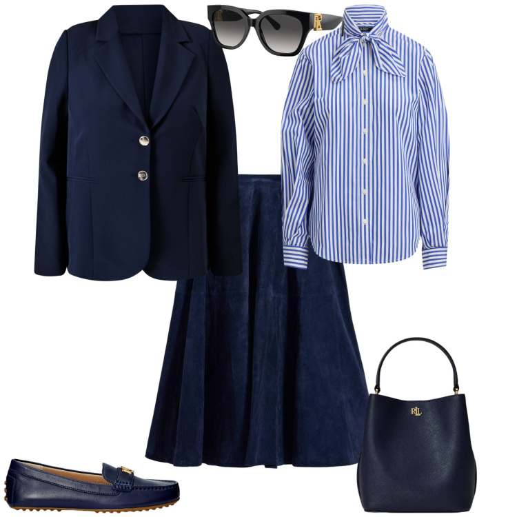 Outfit donna - Trendy ufficio tempo libero. Stile Trendy per Ufficio. Abbinamento con gonne, blazer, camicie, mocassini, occhiali da sole, borse a secchiello.