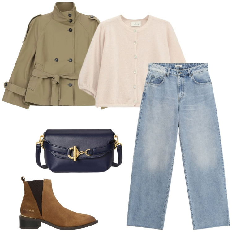 Outfit donna - Total look #2354722. Stile Urban per Tutti i giorni. Abbinamento con stivaletti texani, trench, jeans dritti, cardigans, borse a tracolla.
