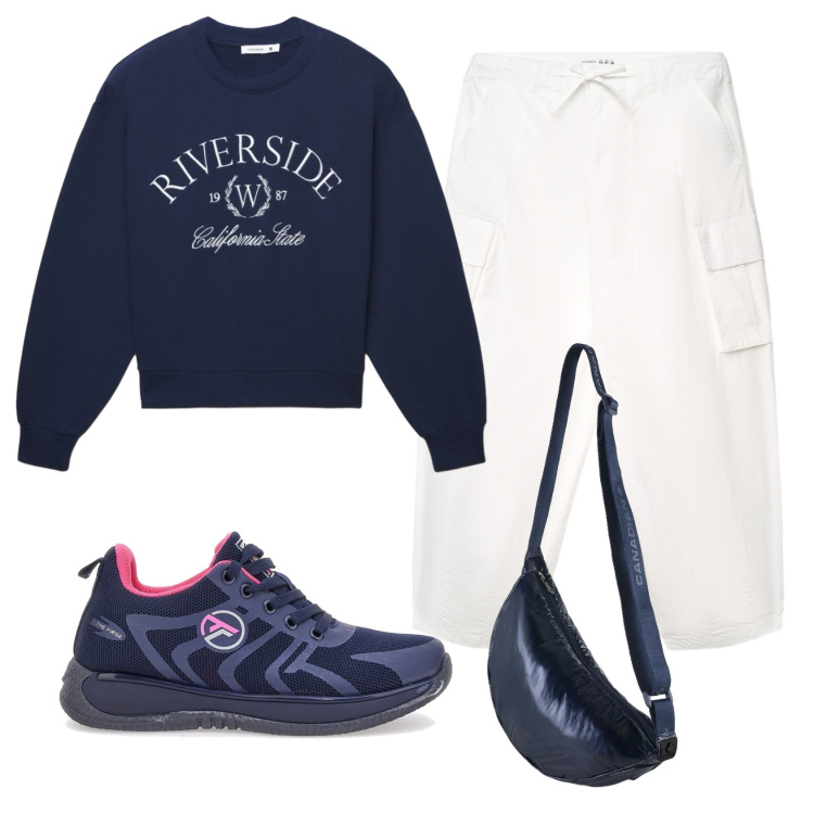 Outfit donna - Total look #2354723. Stile Casual per Tutti i giorni. Abbinamento con felpe, pantaloni cargo, borse a tracolla, sneakers.