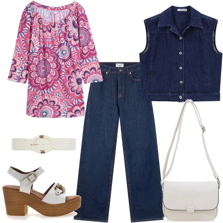 Outfit donna - Jeans ever green. Stile Casual per Tutti i giorni. Abbinamento con maglieria, cinture, jeans, gilet, sandali col tacco, borse a tracolla.