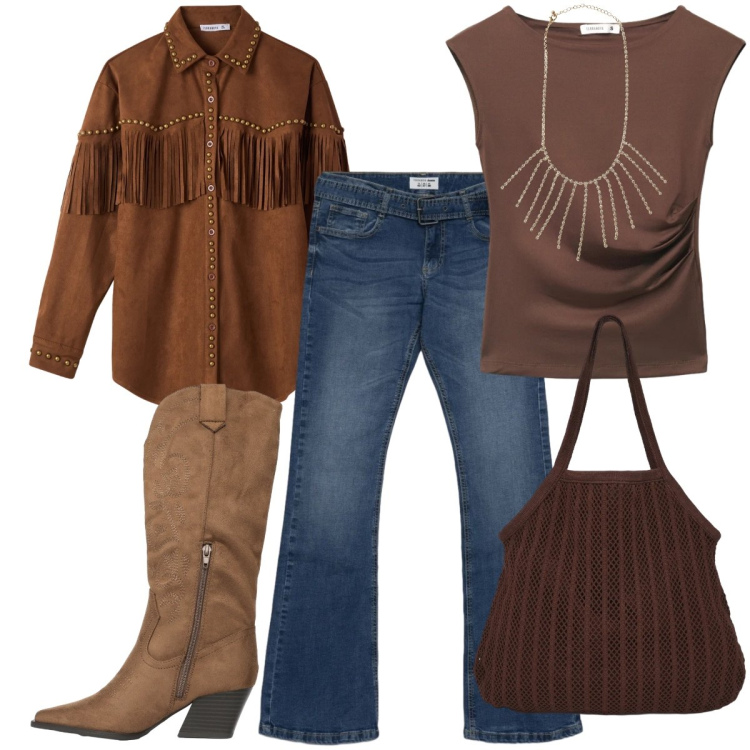 Outfit donna - Far West. Stile Etnico per Tutti i giorni. Abbinamento con t-shirt, collane, shopping bag, camicie, jeans a zampa, stivali.