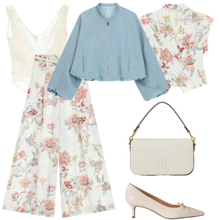 Outfit donna - Total look #2354726. Stile Romantica per Cerimonia. Abbinamento con gilet, pantaloni a palazzo, bomber, top, décolleté, borse a spalla.