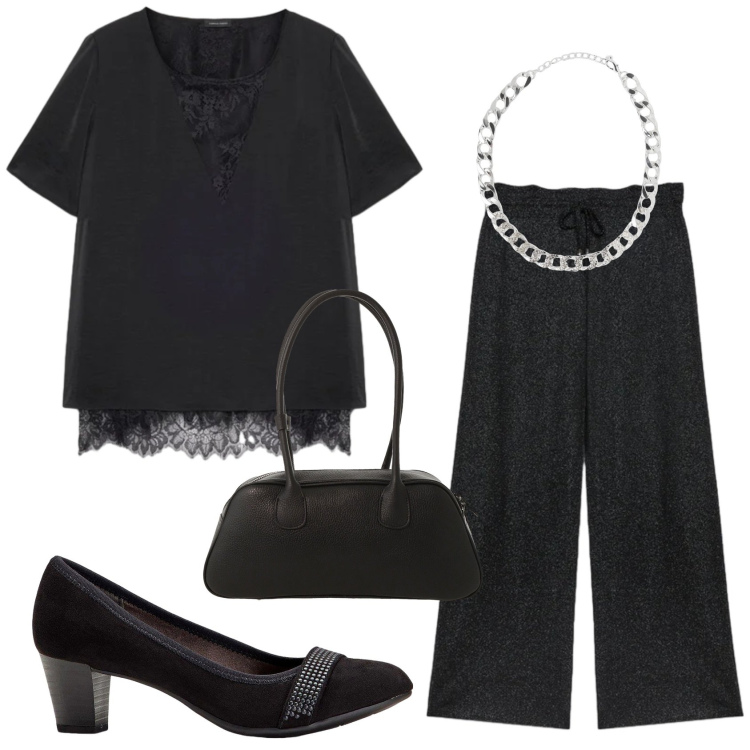 Outfit donna - Total look #2354728. Stile Chic per Serata fuori. Abbinamento con décolleté, collane, pantaloni, bluse, borse a mano.