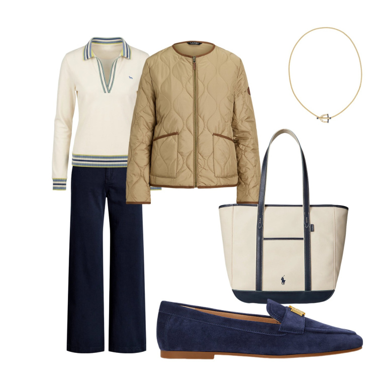 Outfit donna - Marzo. Stile Basic per Tutti i giorni. Abbinamento con polo, giacche, pantaloni, mocassini, borse tote, ciondoli.