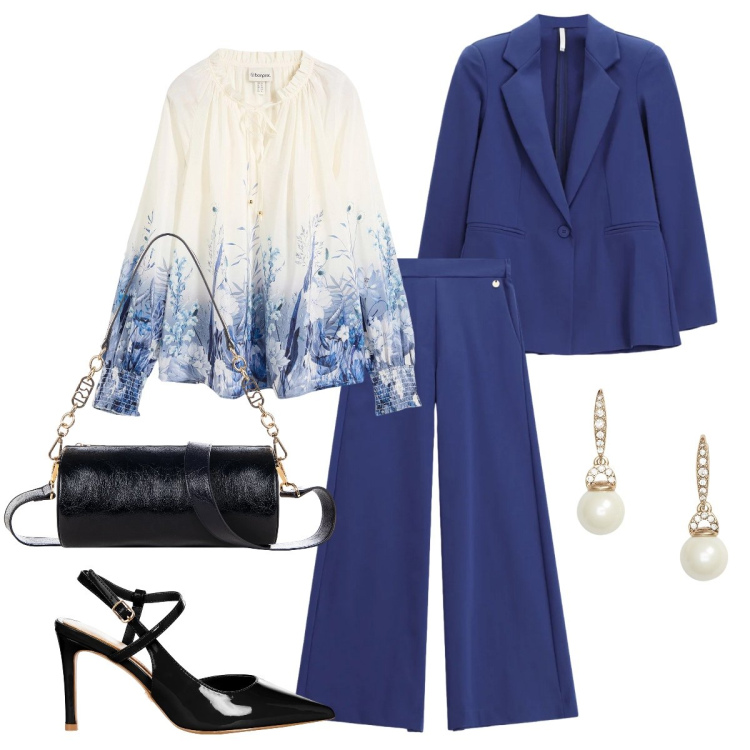 Outfit donna - Cerimonia Maggio. Stile Chic per Cerimonia. Abbinamento con bluse, pantaloni a palazzo, blazer, décolleté, borse a mano, orecchini.