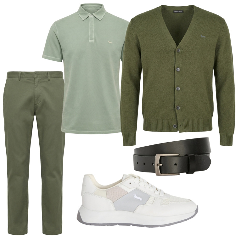 Outfit uomo - La mia versione green. Stile Urban per Tutti i giorni. Abbinamento con pantaloni cargo, sneakers, cardigans, polo, cinture.