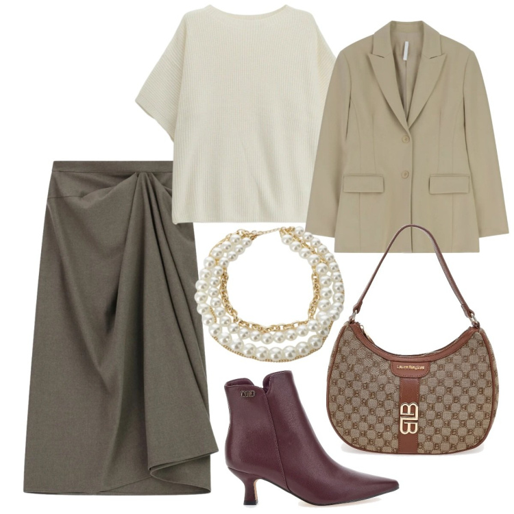 Outfit donna - Bon ton in ufficio. Stile Bon Ton per Ufficio. Abbinamento con gonne longuette, blazer, maglieria, collane, stivaletti, borse a spalla.