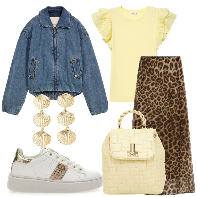 Outfit donna - Giallo limone. Stile Trendy per Tutti i giorni. Abbinamento con blazer, t-shirt, orecchini, gonne lunghe, zaini, sneakers.