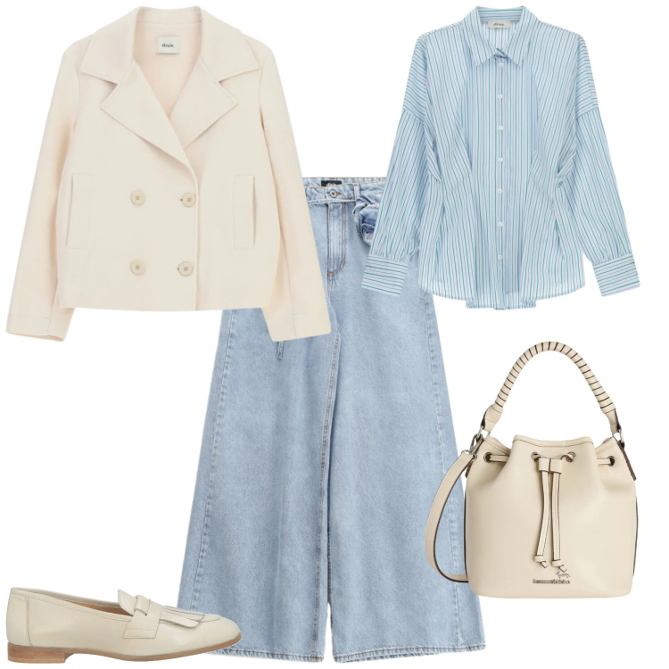 Outfit donna - Trendy ufficio tempo libero. Stile Trendy per Tutti i giorni. Abbinamento con mocassini, borse a secchiello, blazer, camicie, jeans.