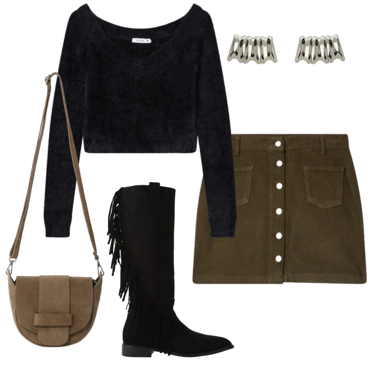 Outfit donna - Total look #2354746. Stile Trendy per Ufficio. Abbinamento con minigonne, maglieria, stivali sopra il ginocchio, orecchini, borse a tracolla.