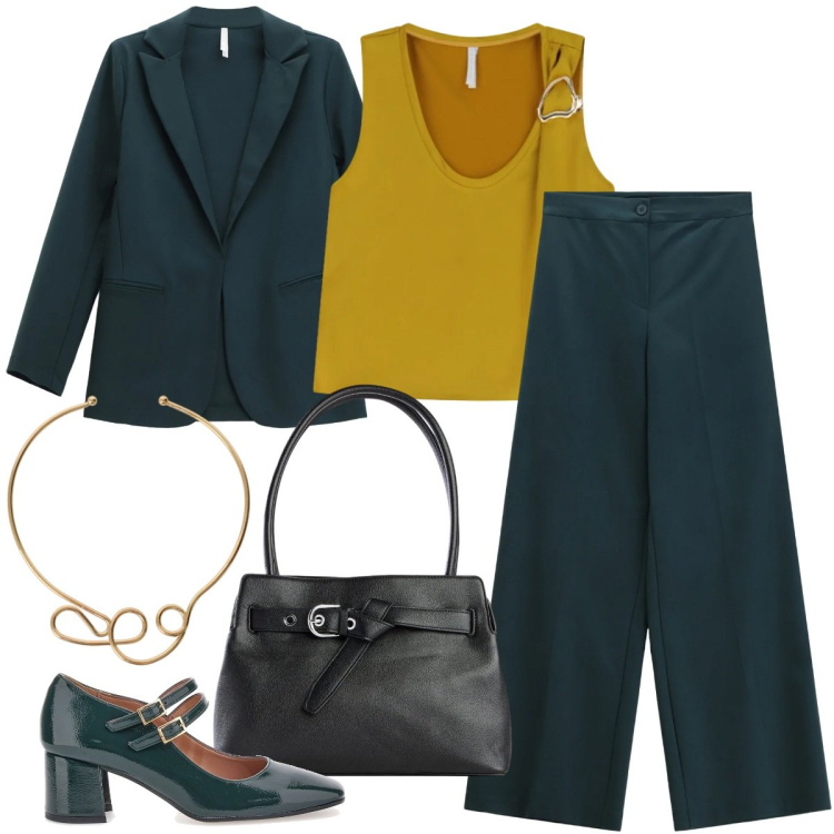 Outfit donna - Da mattina a sera. Stile Mannish per Serata fuori. Abbinamento con borse a mano, blazer, pantaloni a palazzo, top, collane, décolleté.