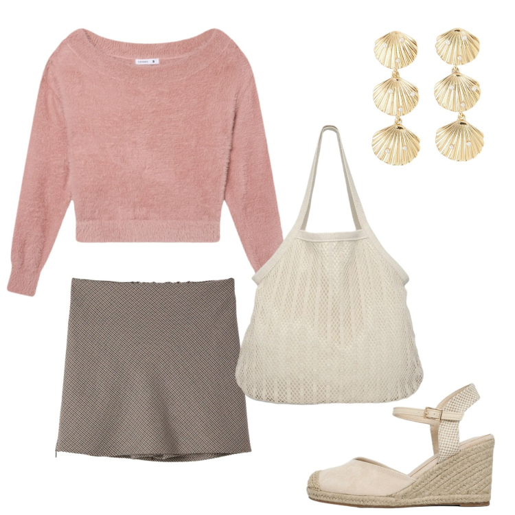 Outfit donna - Total look #2354757. Stile Casual chic per Tutti i giorni. Abbinamento con maglieria, orecchini, shopping bag, zeppe, gonne.