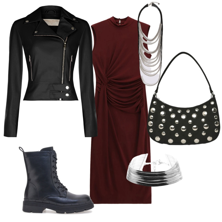 Outfit donna - Serata rock. Stile Rock per Serata fuori. Abbinamento con borse a tracolla, vestiti midi/longuette, collane, braccialetti, giacche, anfibi.
