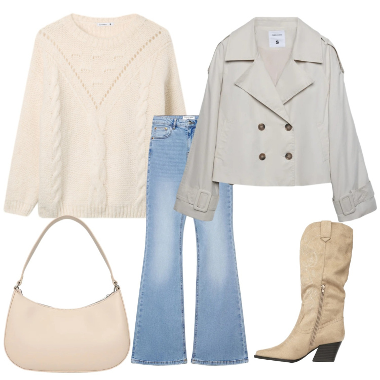 Outfit donna - Total look #2354761. Stile Chic per Tutti i giorni. Abbinamento con borse a tracolla, caban, stivali, jeans a zampa, maglieria.