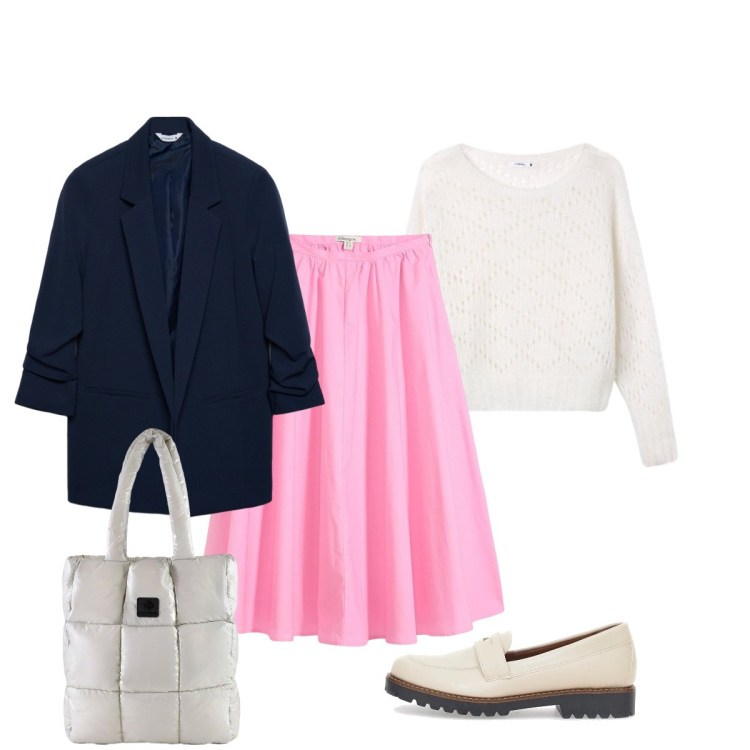 Outfit donna - In città. Stile Minimal per Tutti i giorni. Abbinamento con gonne longuette, blazer, maglieria, shopping bag, mocassini.