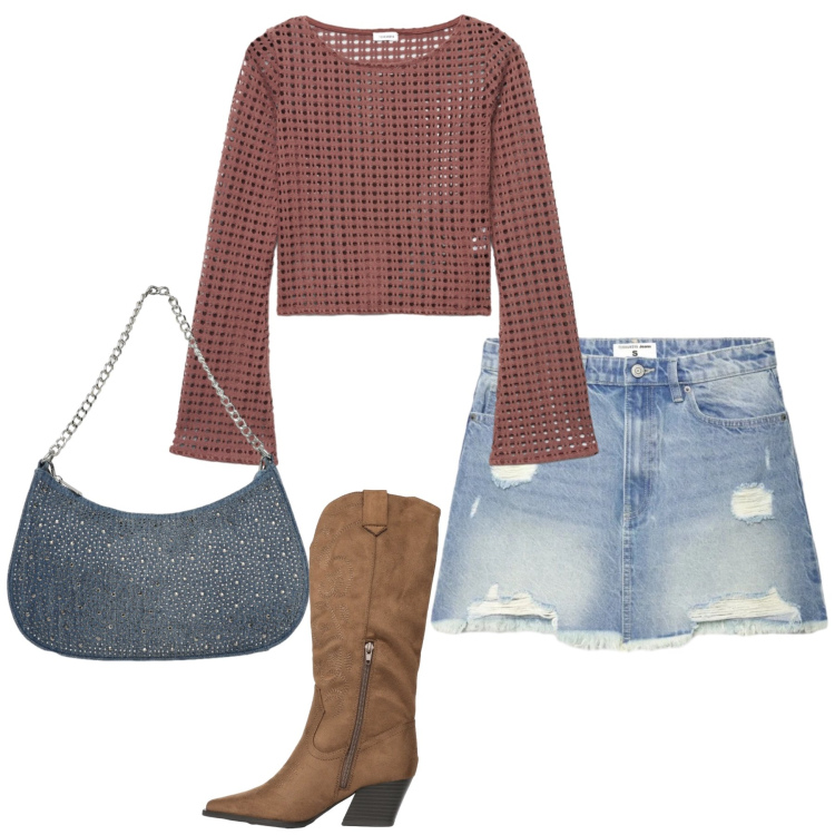 Outfit donna - Total look #2354763. Stile Basic per Tutti i giorni. Abbinamento con maglieria, borse a tracolla, minigonne, stivali.