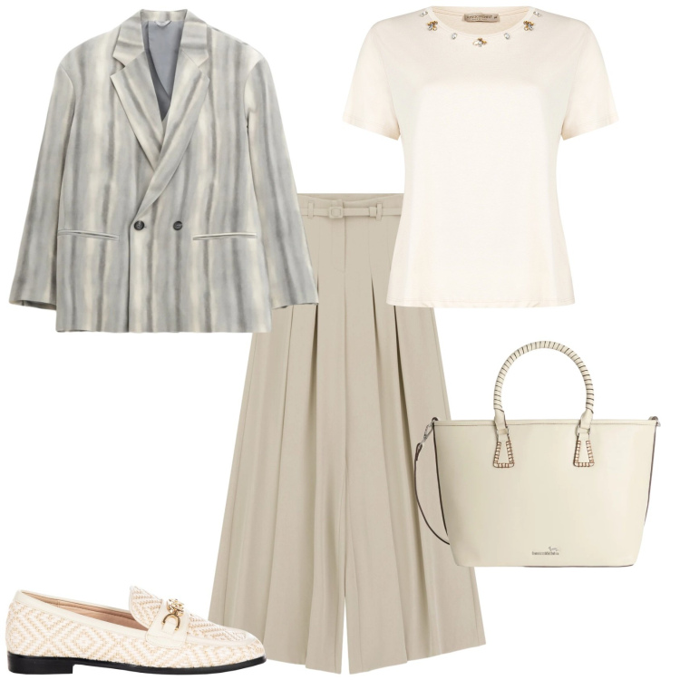 Outfit donna - Casual chic ufficio tempo libero. Stile Casual chic per Tutti i giorni. Abbinamento con shopping bag, blazer, pantaloni a palazzo, mocassini, t-shirt.