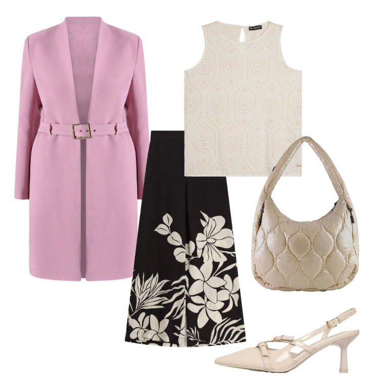 Outfit donna - Total look #2354767. Stile Casual chic per Ufficio. Abbinamento con décolleté, pantaloni a palazzo, canottiere, trench, borse tote.