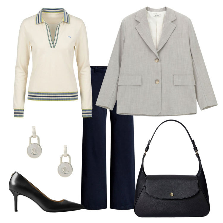 Outfit donna - Total look #2354769. Stile Casual chic per Ufficio. Abbinamento con polo, blazer, borse a spalla, orecchini, pantaloni, décolleté.