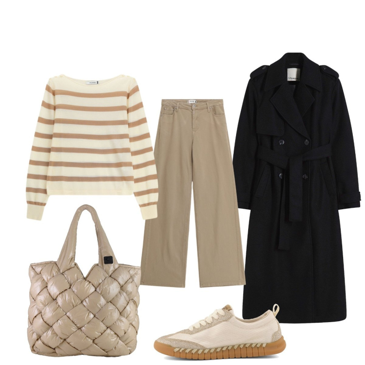 Outfit donna - Il trench nero. Stile Casual chic per Tutti i giorni. Abbinamento con trench, maglieria, pantaloni, borse tote, sneakers.