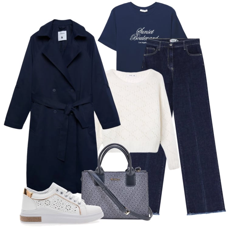 Outfit donna - Il trench blu - @susystyle. Stile Casual per Tutti i giorni. Abbinamento con trench, maglieria, t-shirt, jeans, sneakers, borse a tracolla.
