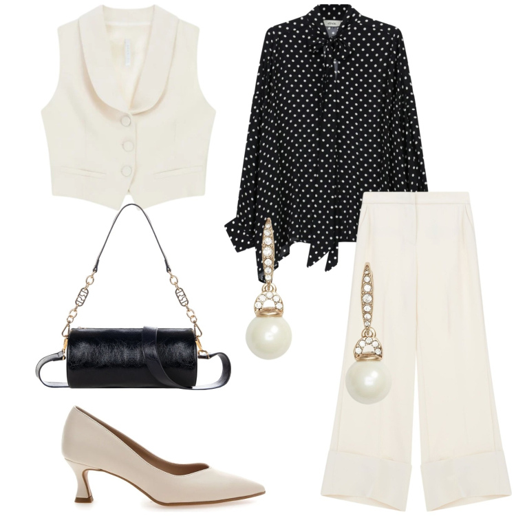 Outfit donna - Elegante. Stile Bon Ton per Cerimonia. Abbinamento con pantaloni a palazzo, gilet, camicie, borse a mano, orecchini, décolleté.