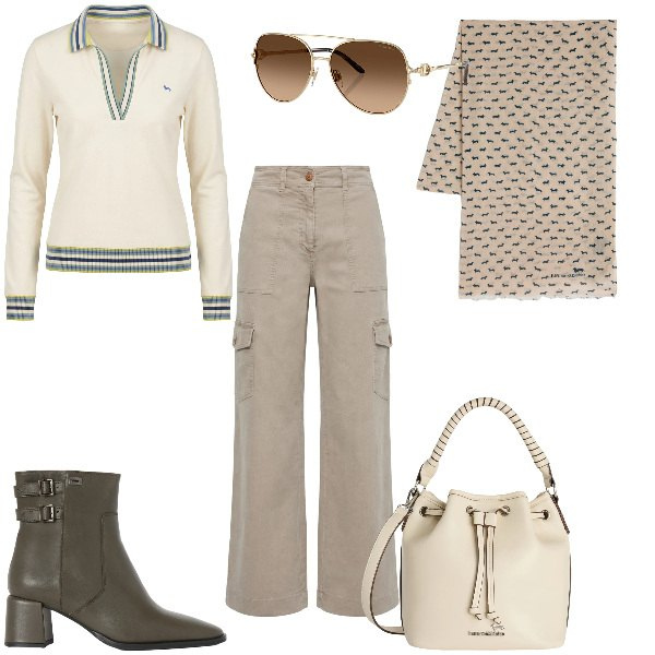 Outfit donna - Total look #2354780. Stile Casual chic per Tutti i giorni. Abbinamento con borse a secchiello, stivaletti, pantaloni cargo, sciarpe, polo, occhiali da sole.