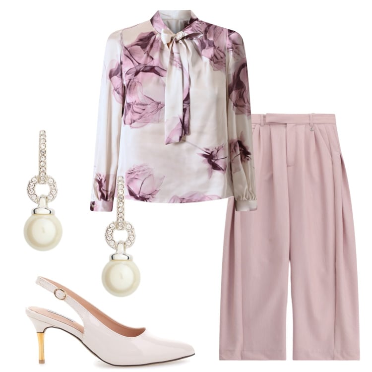 Outfit donna - Total look #2354781. Stile Romantica per Ufficio. Abbinamento con pantaloni a palazzo, bluse, orecchini, décolleté.