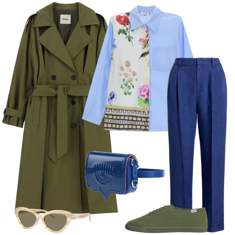 Outfit donna - Total look #2354789. Stile Casual chic per Tutti i giorni. Abbinamento con marsupi, trench, camicie, occhiali da sole, pantaloni, sneakers.