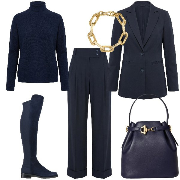 Outfit donna - Total look #2354791. Stile Basic per Ufficio. Abbinamento con stivali, pantaloni, maglieria, blazer, braccialetti, borse a secchiello.