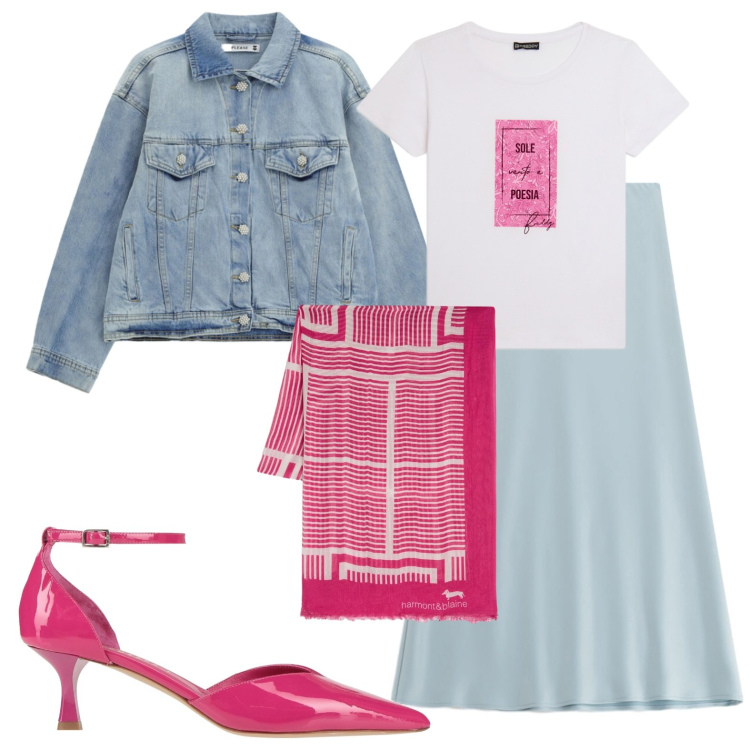 Outfit donna - Fuxia e jeans. Stile Casual chic per Ufficio. Abbinamento con décolleté, sciarpe, gonne lunghe, blazer, t-shirt.