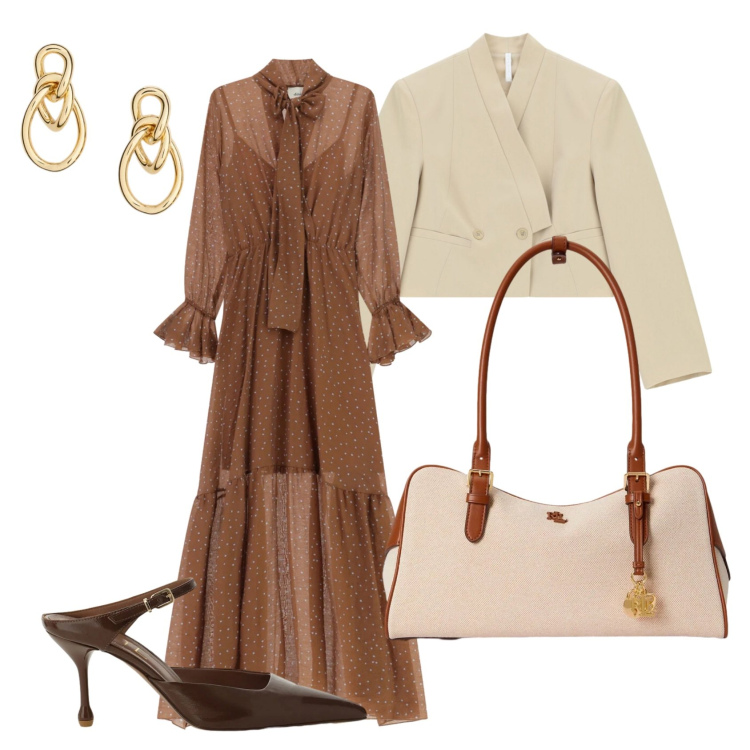 Outfit donna - Evento in primavera di mattina. Stile Chic per Cerimonia. Abbinamento con blazer, vestiti lunghi, décolleté, orecchini, borse a mano.