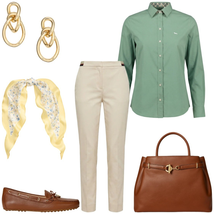 Outfit donna - Mocassini in pelle. Stile Casual chic per Tutti i giorni. Abbinamento con camicie, pantaloni chino, mocassini, borse a mano, orecchini, foulard.