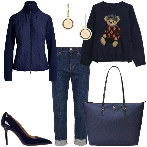 Outfit donna - Total look #2354796. Stile Casual chic per Ufficio. Abbinamento con jeans, maglieria, giacche, orecchini, décolleté, borse tote.